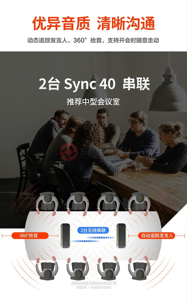 2、宝利通 polycom SYNC 40 USB 蓝牙 智能全向麦克风-优质音质 清晰沟通-2台串联