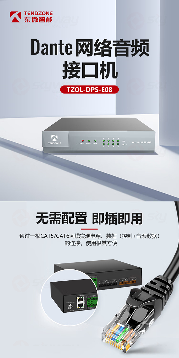 1、Dante网络音频接口机-东微TENDZONEDante网络音频接口机TZOL-DPS-E08