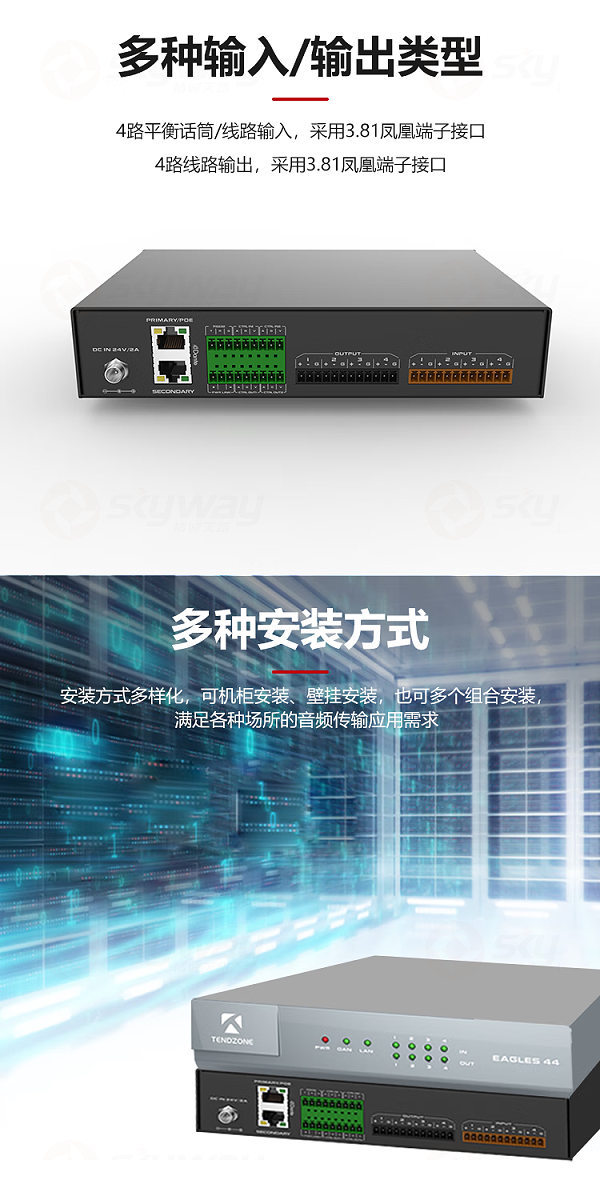 2、多种输入输出类型，多种安装方式-东微TENDZONEDante网络音频接口机TZOL-DPS-E08
