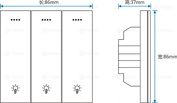 设备尺寸图1-东微TENDZONE 三路零火灯光面板（按键+串口双控）CC-203