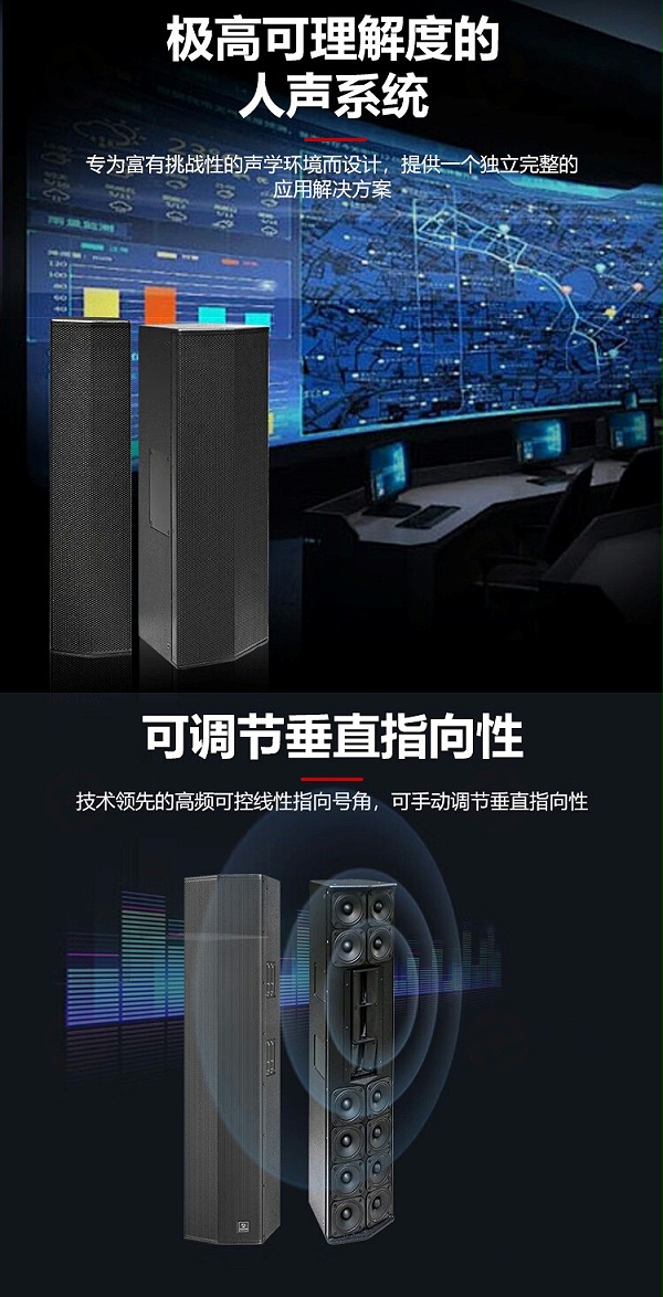 2、可调节垂直指向性-东微 TENDZONE 4x4.5寸两分频线性音柱TZOL-CL-100；8x4.5寸两分频线性音柱TZOL-CL-200；12x4.5寸两分频线性音柱TZOL-CL-300