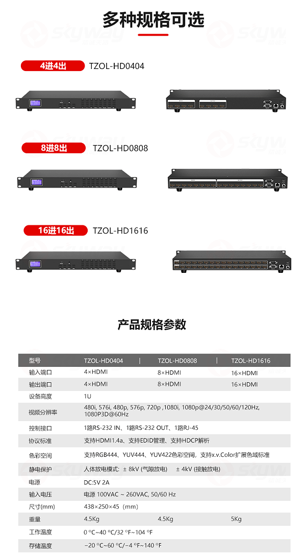 4、多种规格可选-东微TENDZONE 16进16出HDMI简化矩阵 TZOL-HD1616；8进8出HDMI简化矩阵TZOL-HD0808；4进4出HDMI简化矩阵TZOL-HD0404