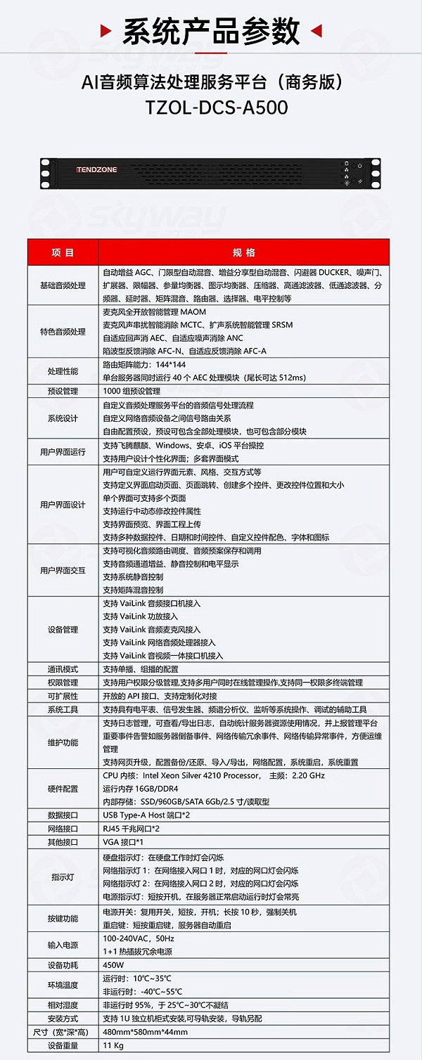 9、商务版产品参数-东微TENDZONE AI音频算法处理服务平台(旗舰版)TZOL-DCS-A700；AI音频算法处理服务平台(标准版)TZOL-DCS-A600；AI音频算法处理服务平台(商务版)TZOL-DCS-A500