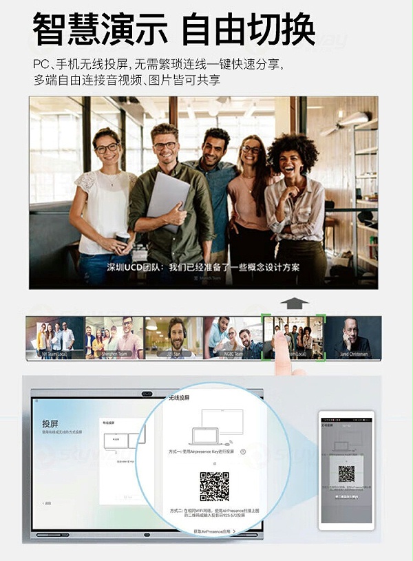 3、智慧演示，自由切换-华为HUAWEI 高清视频会议终端设备BOX310-4K30帧主机+Camera200高清摄像头+Mic500套装 含touch平板