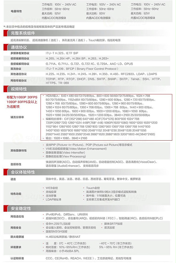 7、产品技术参数-华为HUAWEI 高清视频会议终端设备BOX310-4K30帧主机+Camera200高清摄像头+Mic500套装 含touch平板