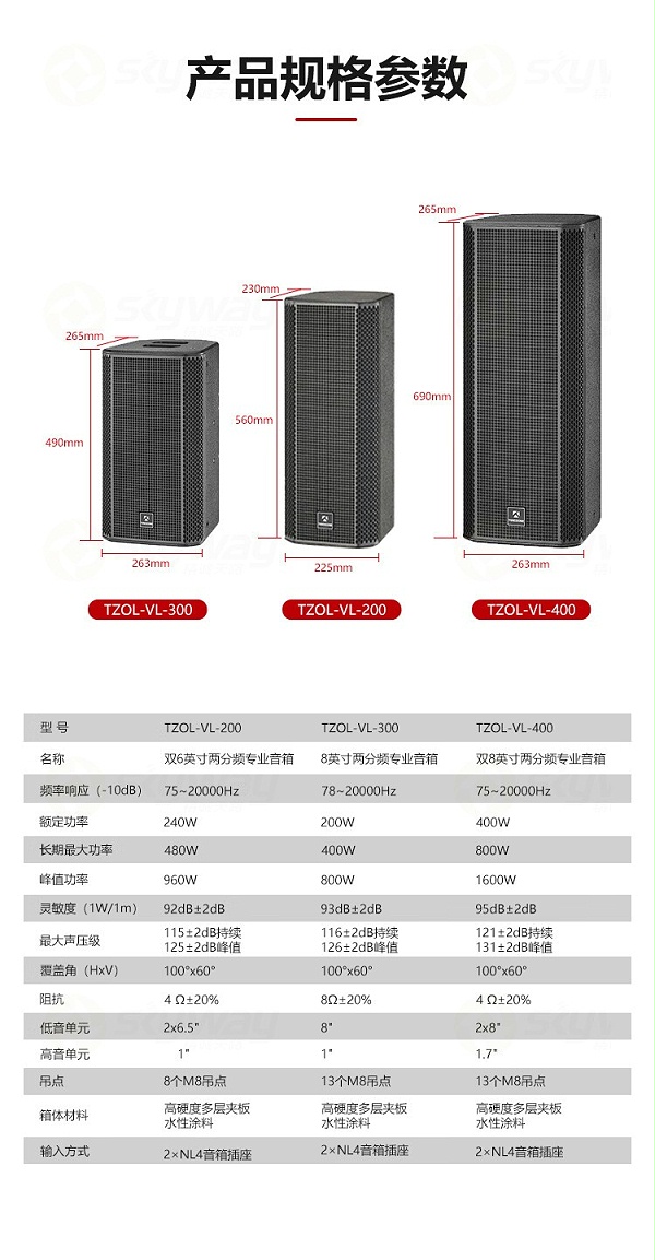 5、产品规格参数-东微TENDZONE8寸两分频专业音箱TZOL-VL-300