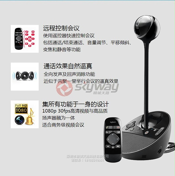 6、罗技（Logitech）BCC950 高清商务视频会议摄像头-远程控制会议