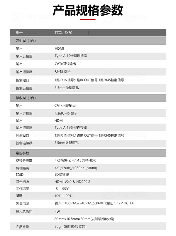 3、产品规格参数-东微 TENDZONE 70米4K@60双绞线传输器TZOL-EX70