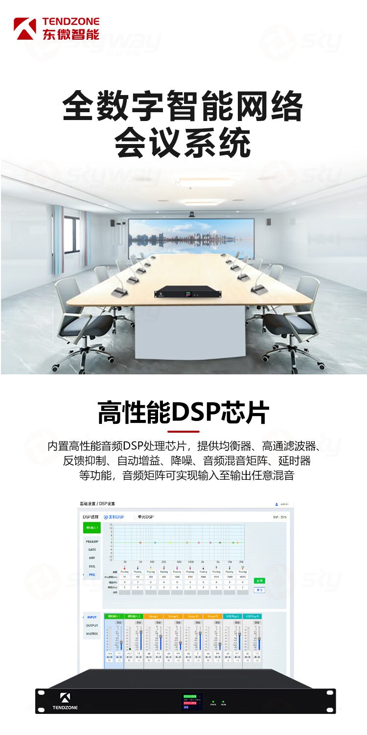 1、全数字智能网络会议系统-东微TENDZONE 全数字网络智能会议主机 TZOL-NCS-N800