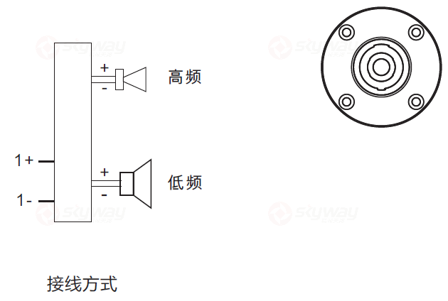 接线示意图-东微TENDZONE 6.5寸二分频全频音箱 AEL-605W(白色，含壁挂架)