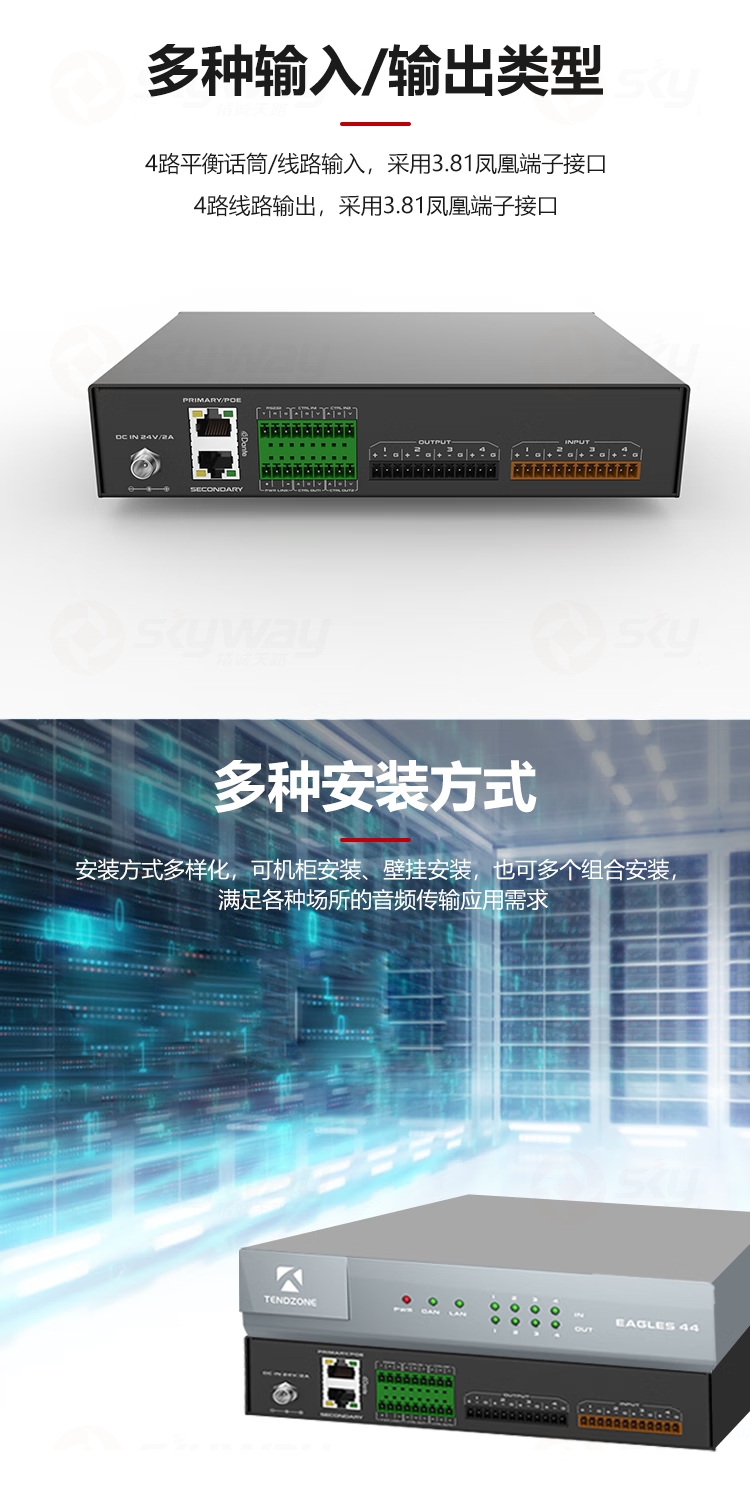 2、多种输入输出类型，多种安装方式-东微TENDZONEDante网络音频接口机TZOL-DPS-E08
