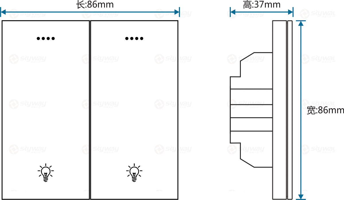 设备尺寸图1-东微TENDZONE 双路零火灯光面板（按键+串口双控））CC-202