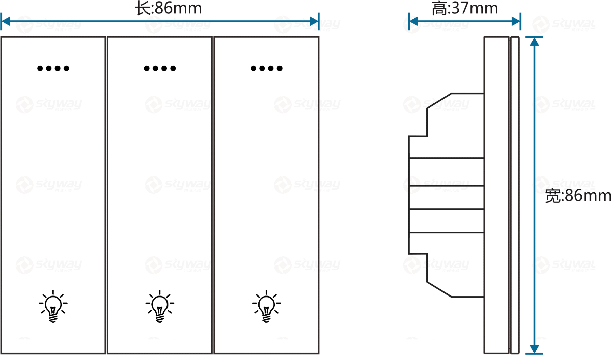 设备尺寸图1-东微TENDZONE 三路零火灯光面板（按键+串口双控）CC-203