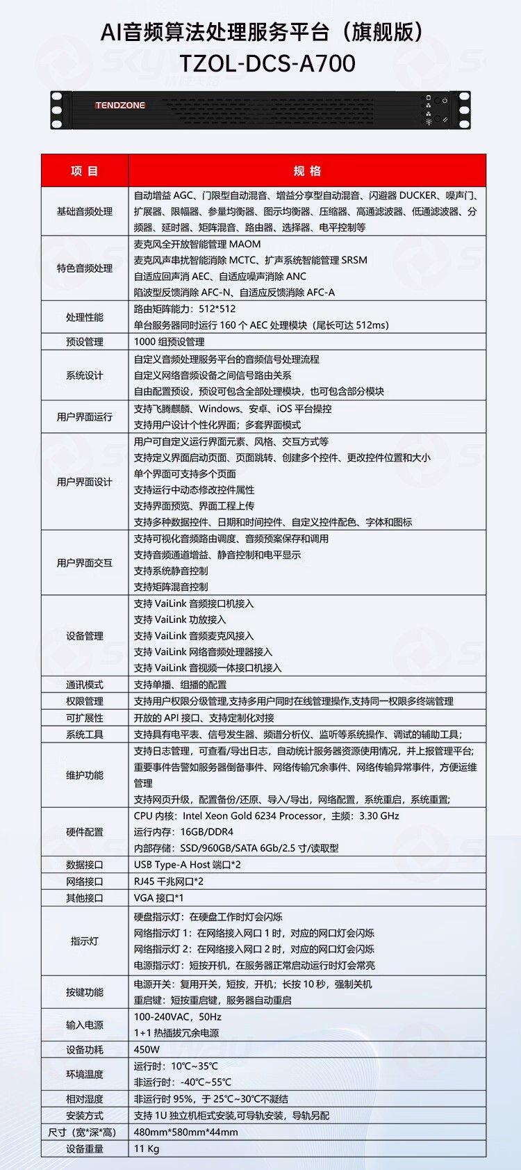 11、旗舰版产品参数-东微TENDZONE AI音频算法处理服务平台(旗舰版)TZOL-DCS-A700；AI音频算法处理服务平台(标准版)TZOL-DCS-A600；AI音频算法处理服务平台(商务版)TZOL-DCS-A500