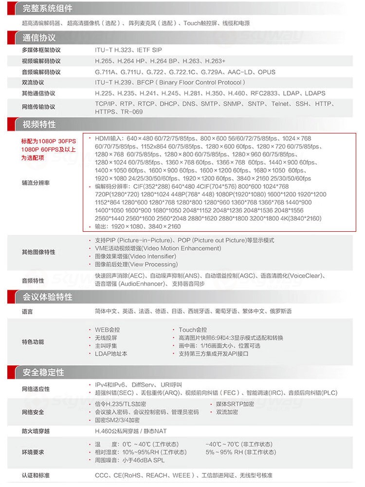 3、产品技术参数-华为HUAWEI 高清视频会议终端设备 BOX610-4K+Camera200 高清摄像机+Mic 500 套装