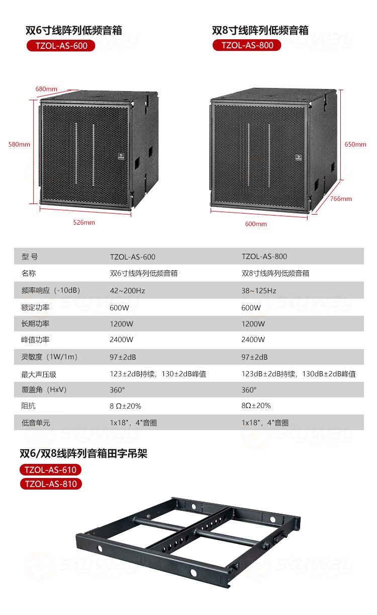 6、产品规格参数-TENDZONE双8寸线阵列低频音箱TZOL-AS-800 6、产品规格参数-TENDZONE双8寸线阵列低频音箱TZOL-AS-800