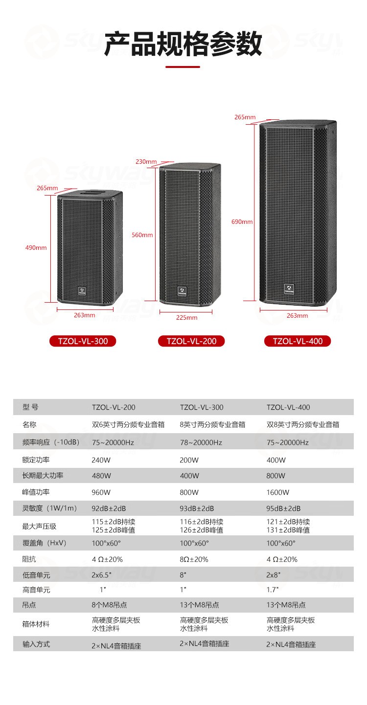 5、产品规格参数-东微TENDZONE8寸两分频专业音箱TZOL-VL-300