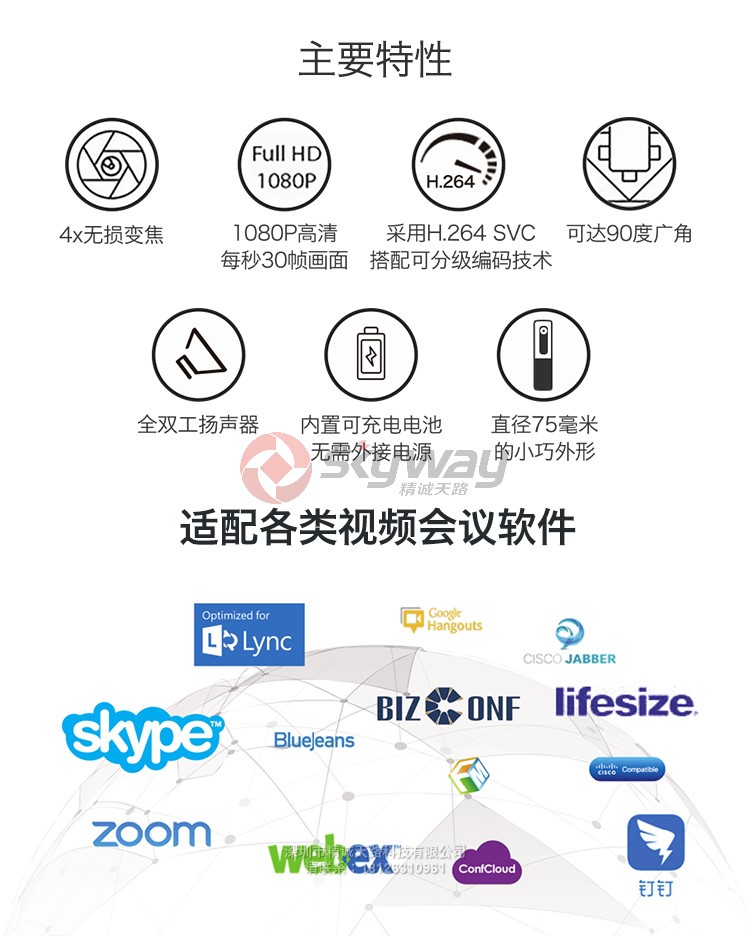 5、罗技（Logitech）CC2000e 高清会议网络摄像头-产品特性，适配各类视频会议软件