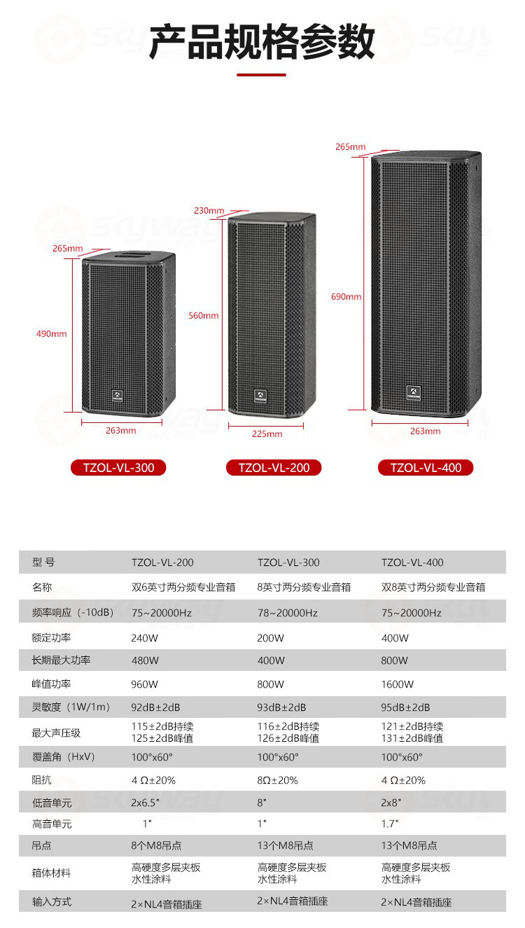 5、产品规格参数-东微TENDZONE 双6.5寸两分频专业音箱TZOL-VL-200；8英寸两分频专业音箱TZOL-VL-300；双8寸两分频专业音箱TZOL-VL-400