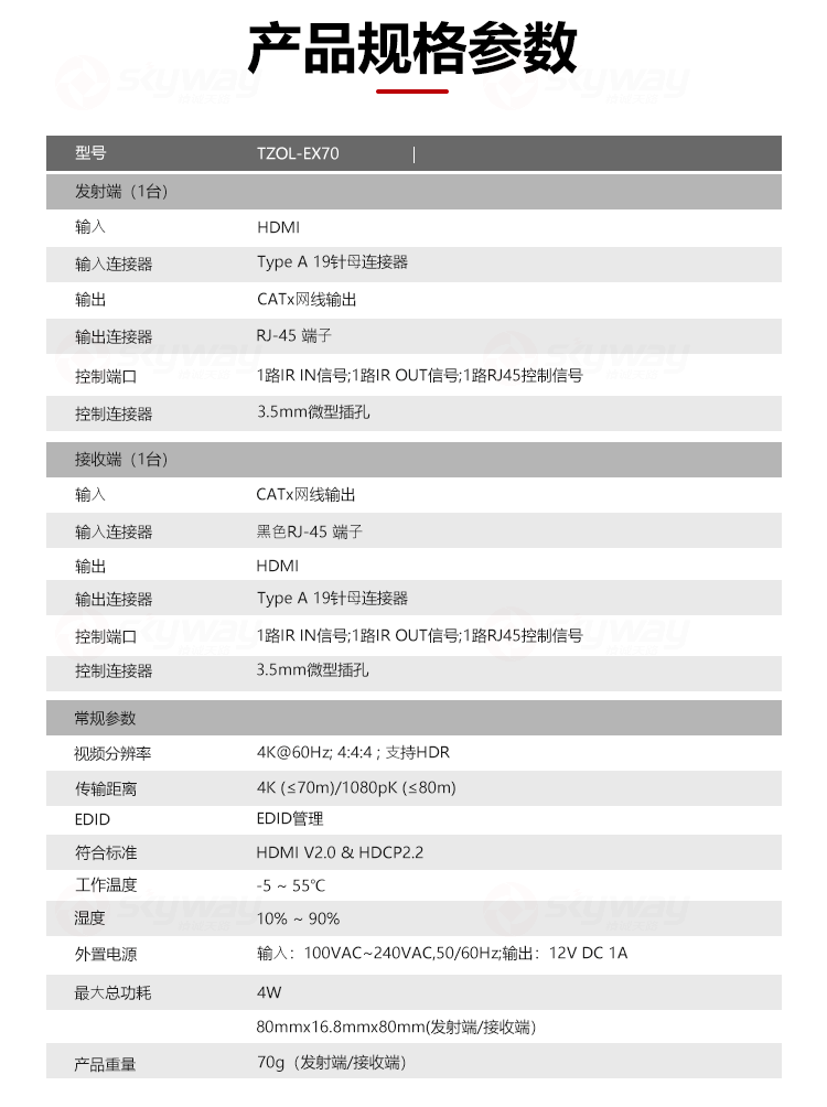 3、产品规格参数-东微 TENDZONE 70米4K@60双绞线传输器TZOL-EX70